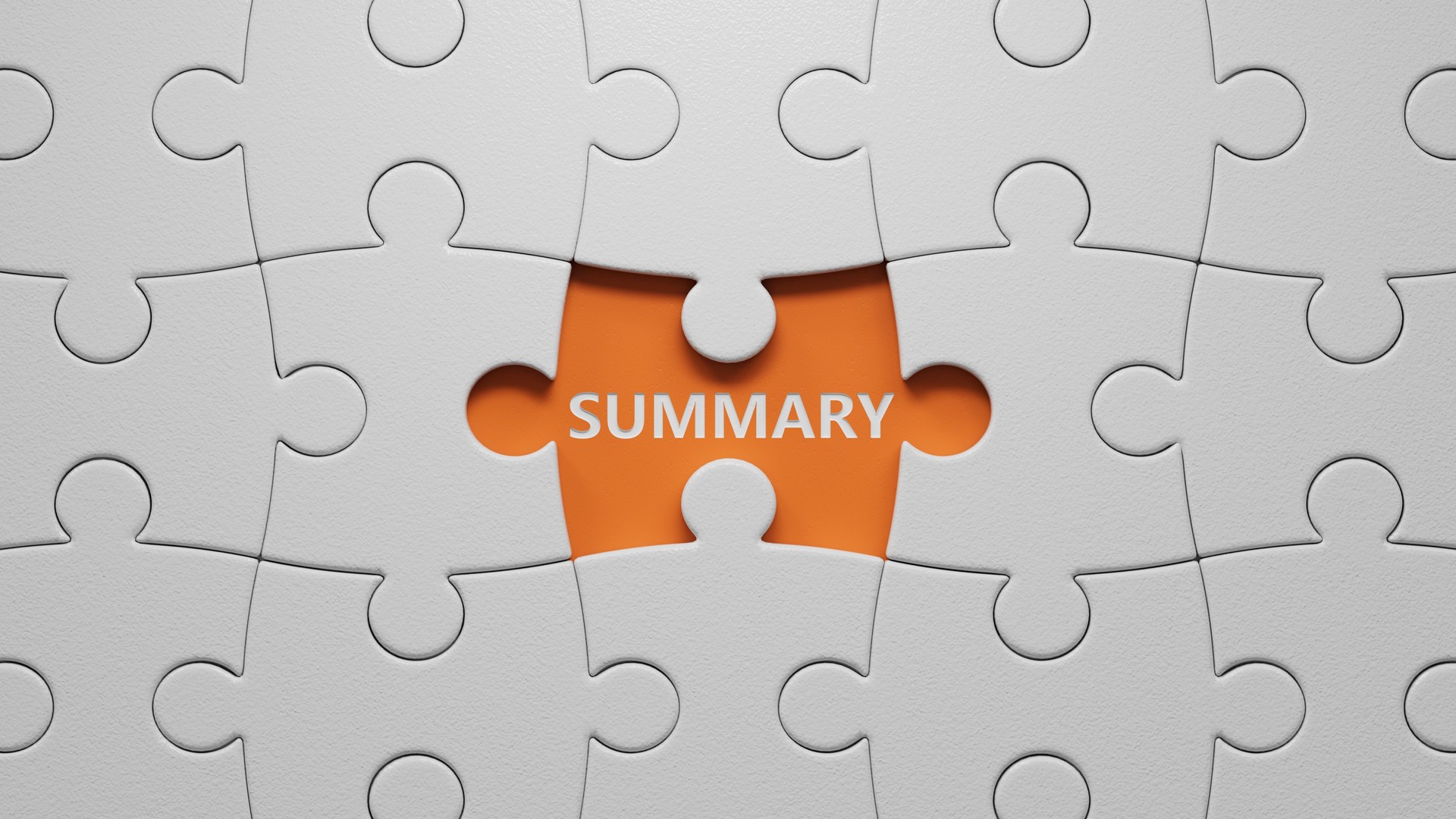 SUMMARY word written on wood The white puzzle pieces with missing pieces.3D rendering on orange background.