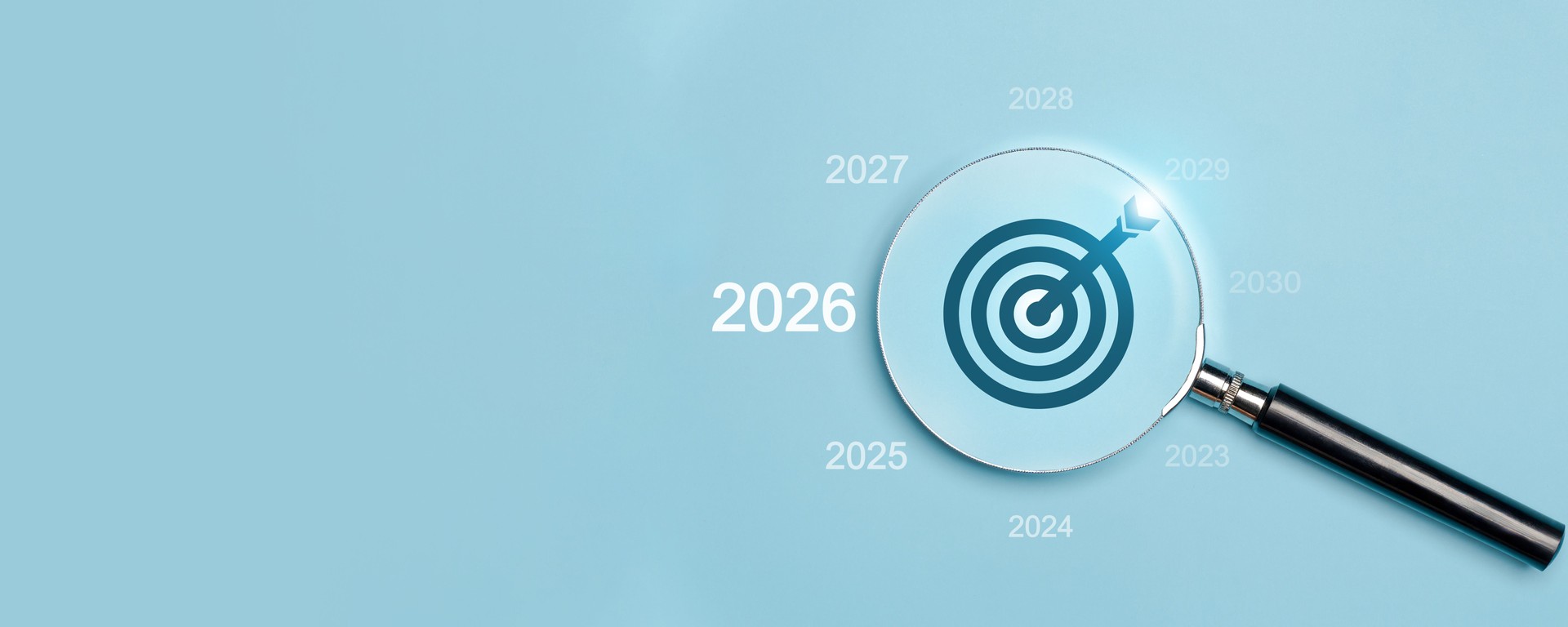 Happy new year 2026. Business strategy goals concept. 2026 year number with inside the magnifying glass, marketing, goals, success and sustainable business development. future business goals.